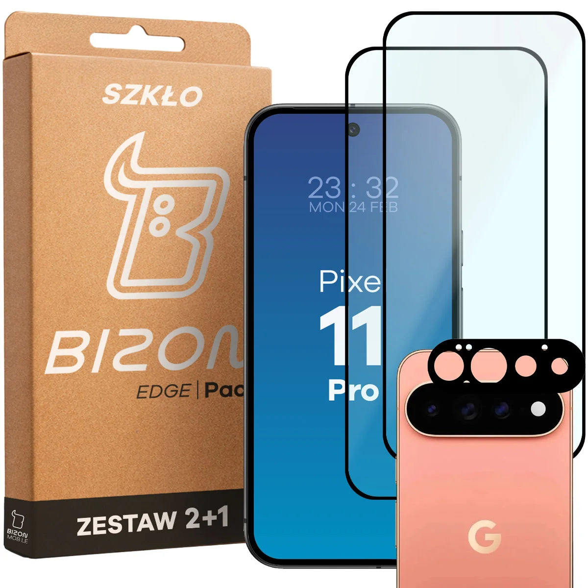 Gehärtetes Glas - 2 Stück + Kameraschutz für Google Pixel 11 Pro, Bizon Glass Edge Pack, Schwarz