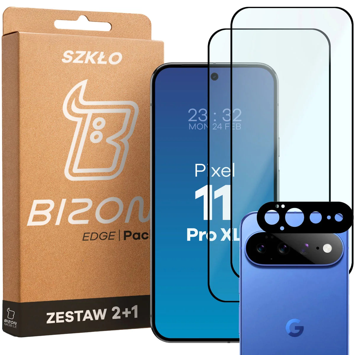 Gehärtetes Glas - 2 Stück + Kameraschutz für Google Pixel 11 Pro XL, Bizon Glass Edge Pack, Schwarz