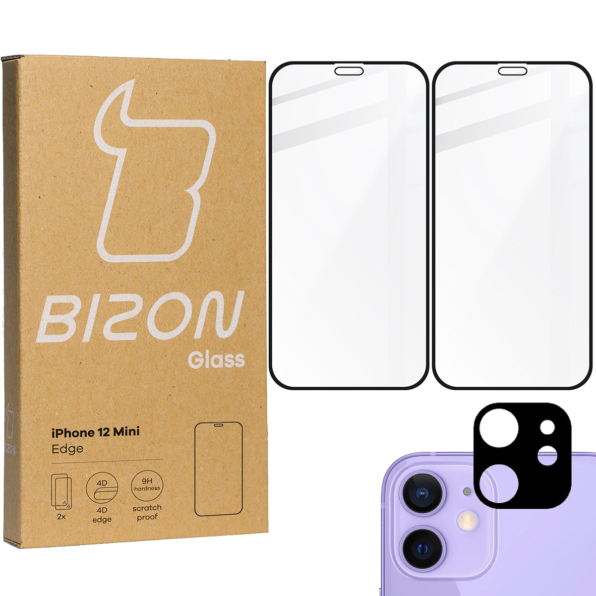 Gehärtetes Glas Bizon Glass Edge CF - 2 Stück + Kameraschutz für iPhone 12 Mini, schwarzer Rahmen