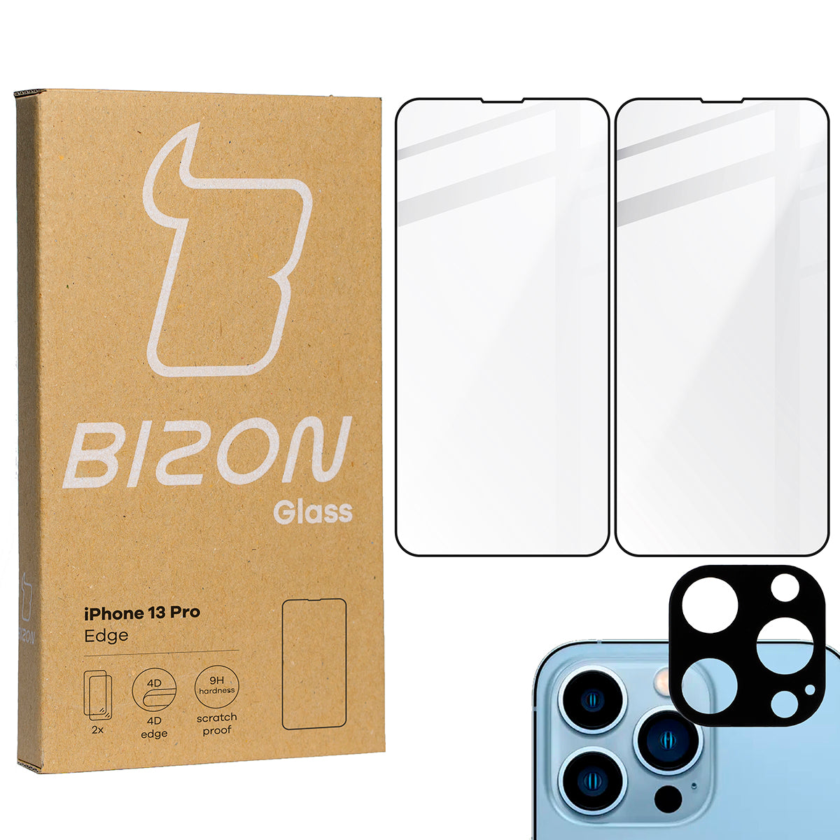 Gehärtetes Glas Bizon Glass Edge - 2 Stück + Kameraschutz, iPhone 13 Pro, schwarzer Rahmen