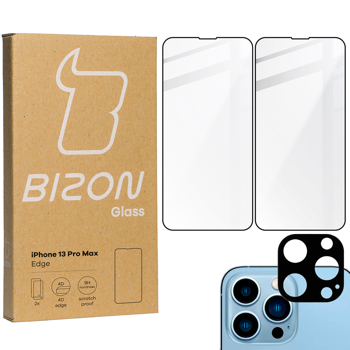 Gehärtetes Glas Bizon Glass Edge - 2 Stück + Kameraschutz für iPhone 13 Pro Max, schwarzer Rahmen