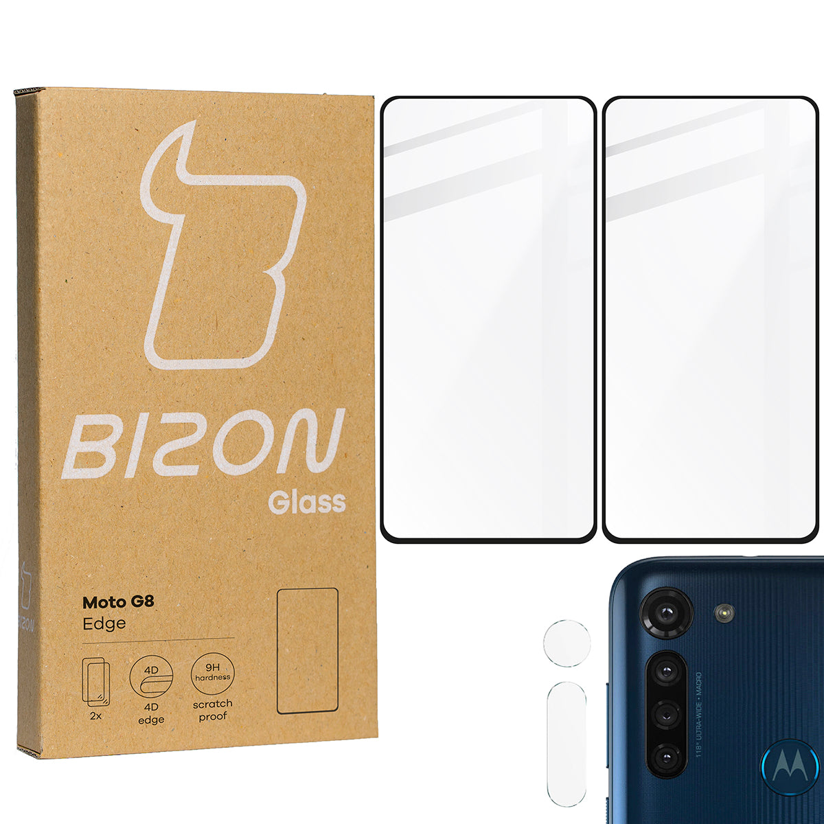 Gehärtetes Glas Bizon Glass Edge - 2 Stück + Kameraschutz für Moto G8, Schwarz