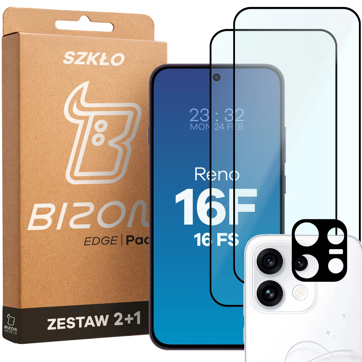 Gehärtetes Glas - 2 Stück + Kameraschutz für Oppo Reno16 F / Reno16 FS, Bizon Glass Edge Pack, (1/6)
