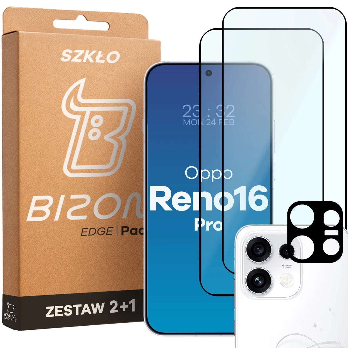 Gehärtetes Glas - 2 Stück + Kameraschutz für OPPO Reno16 Pro, Bizon Glass Edge Pack, (1/6)