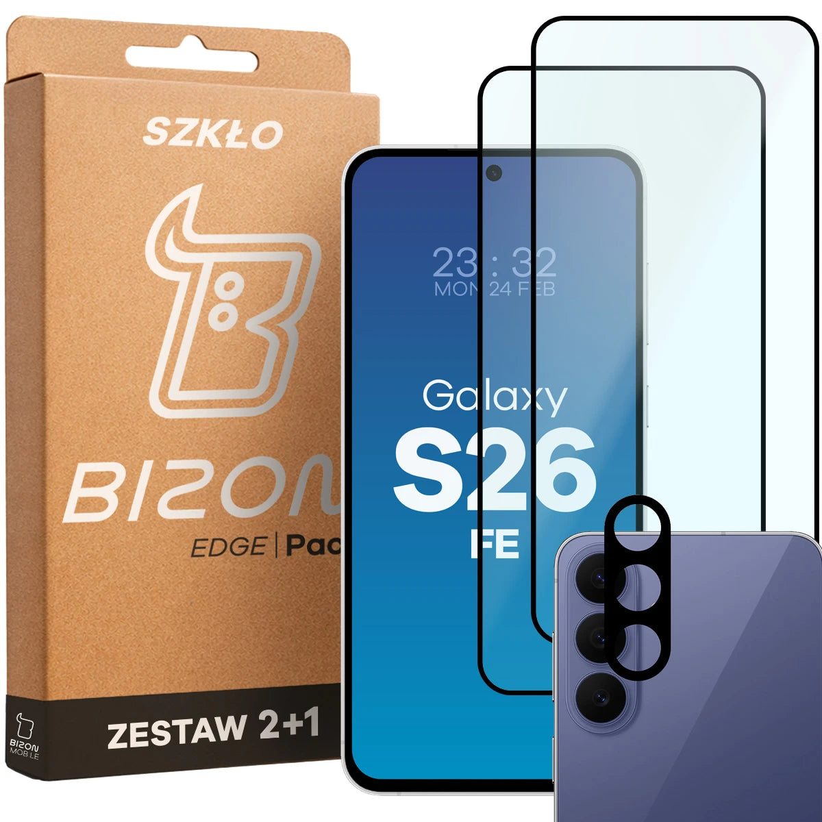 Gehärtetes Glas - 2 Stück + Kameraschutz für Galaxy S26 FE, Bizon Glass Edge Pack, (1/6)