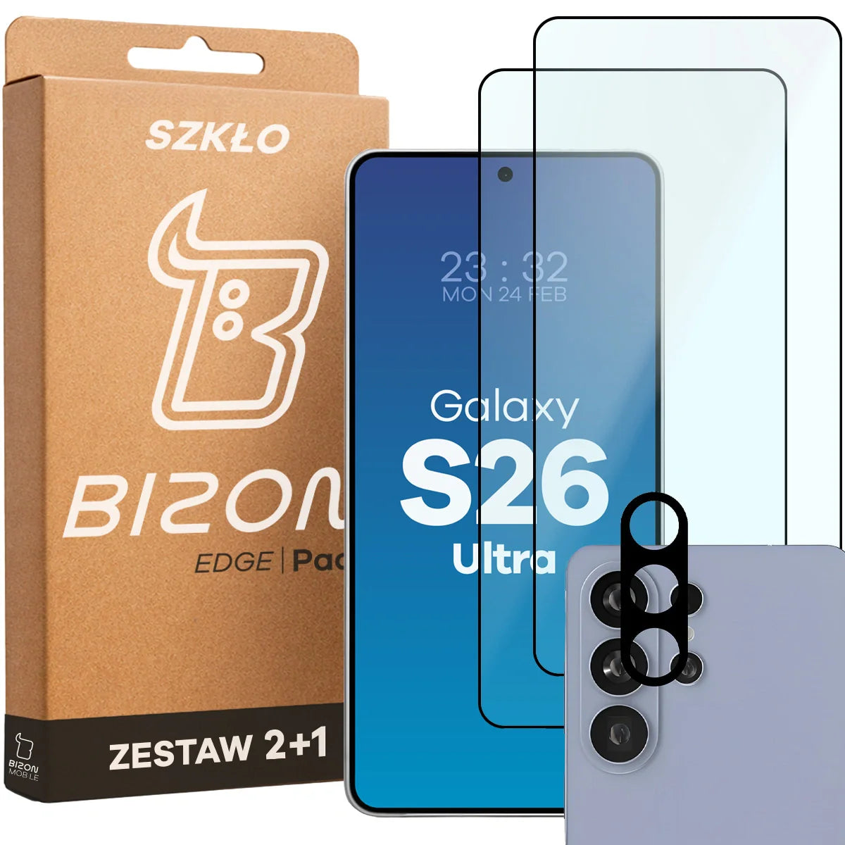 Gehärtetes Glas - 2 Stück + Kameraschutz für Galaxy S26 Ultra, Bizon Glass Edge Pack, Schwarz