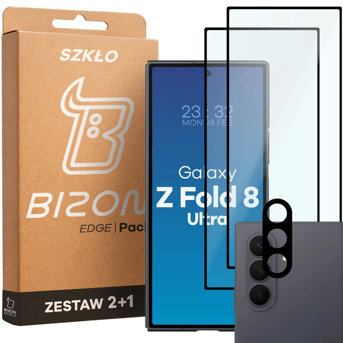 Gehärtetes Glas - 2 Stück + Kameraschutz für Galaxy Z Fold8 Ultra, Bizon Glass Edge Pack, Schwarz