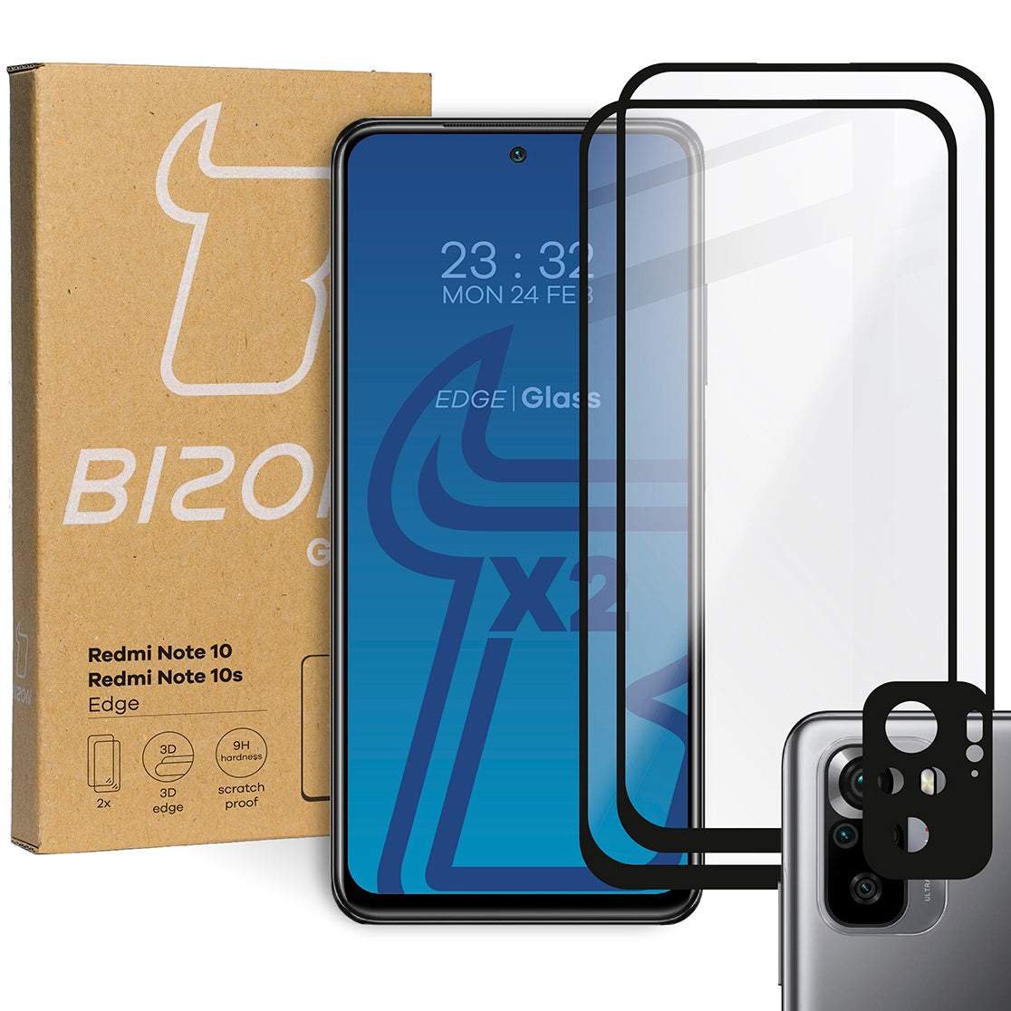 Gehärtetes Glas Bizon Glass Edge - 2 Stück + Kameraschutz für Redmi Note 10 / 10S, Schwarz