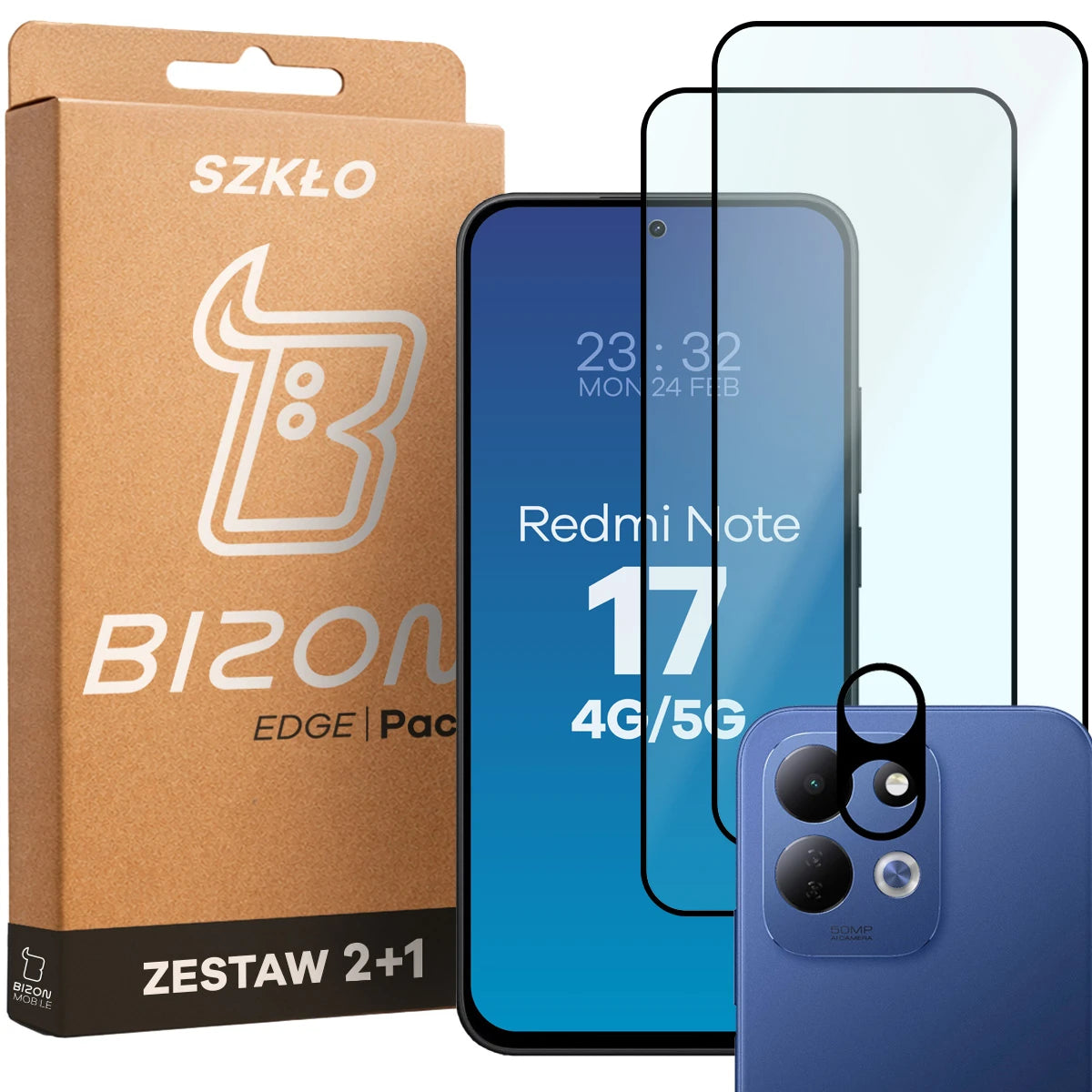 Gehärtetes Glas - 2 Stück + Kameraschutz für Xiaomi Redmi Note 17 4G/5G, Bizon Glass Edge Pack, (1/6)