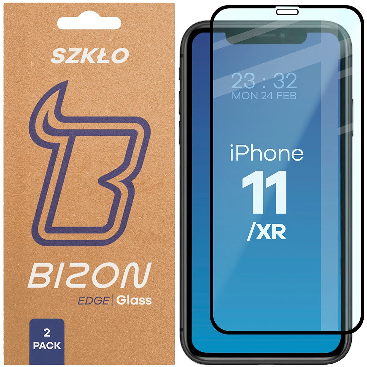 Gehärtetes Glas für iPhone 11 / Xr, Bizon Glass Edge Duo, Schwarzer Rahmen, 2 Stück