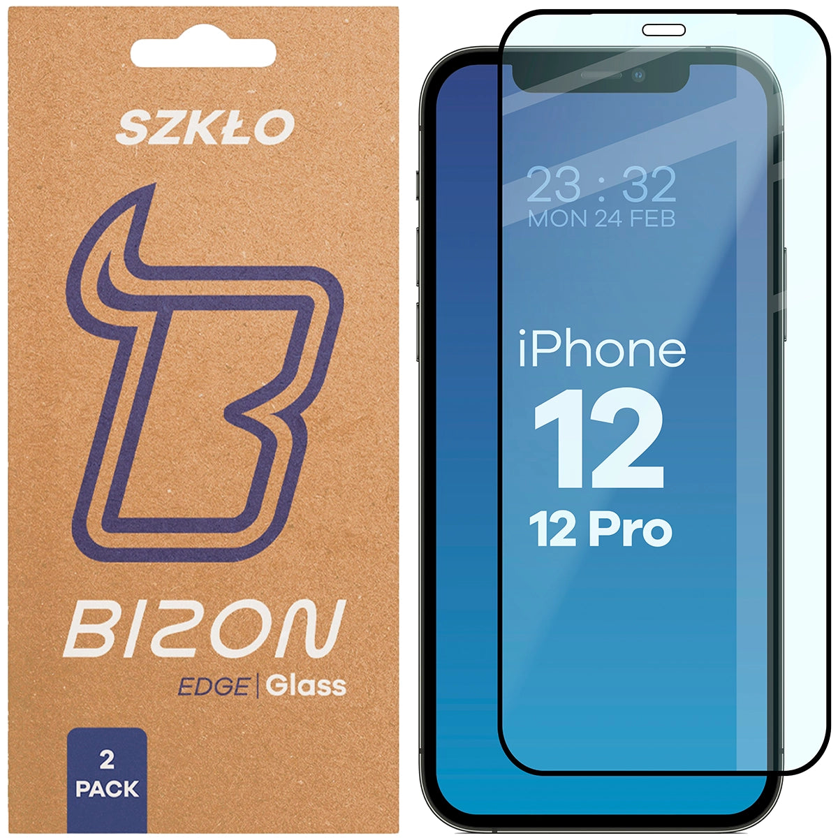 Gehärtetes Glas für iPhone 12 / 12 Pro, Bizon Glass Edge Duo, Schwarzer Rahmen, 2 Stück