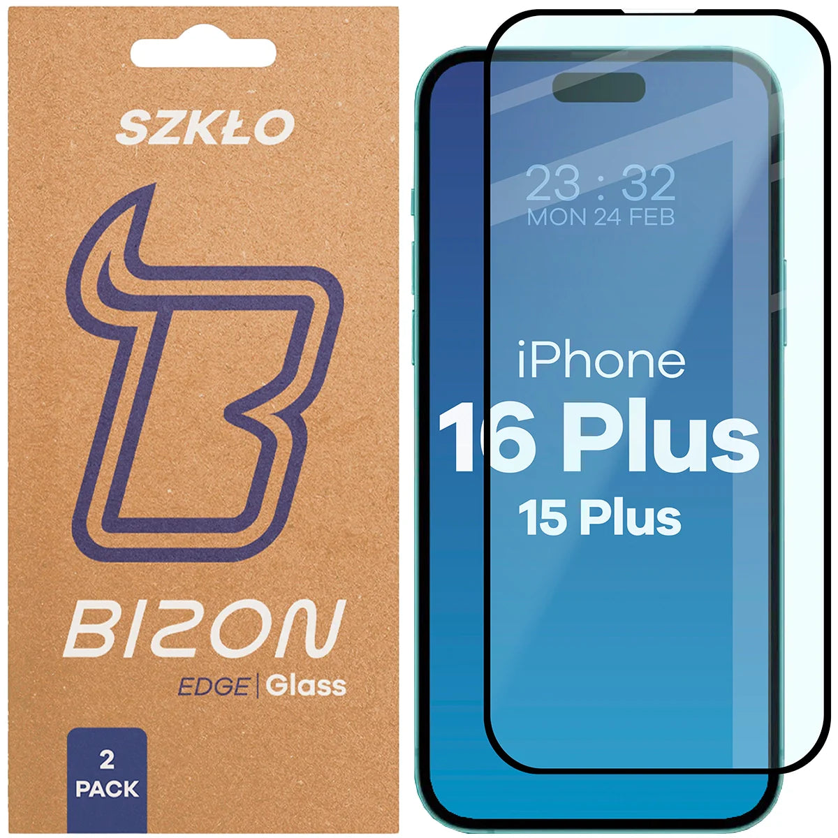 Gehärtetes Glas für iPhone 15 Plus / 16 Plus, Bizon Glass Edge Duo, Schwarzer Rahmen, 2 Stück