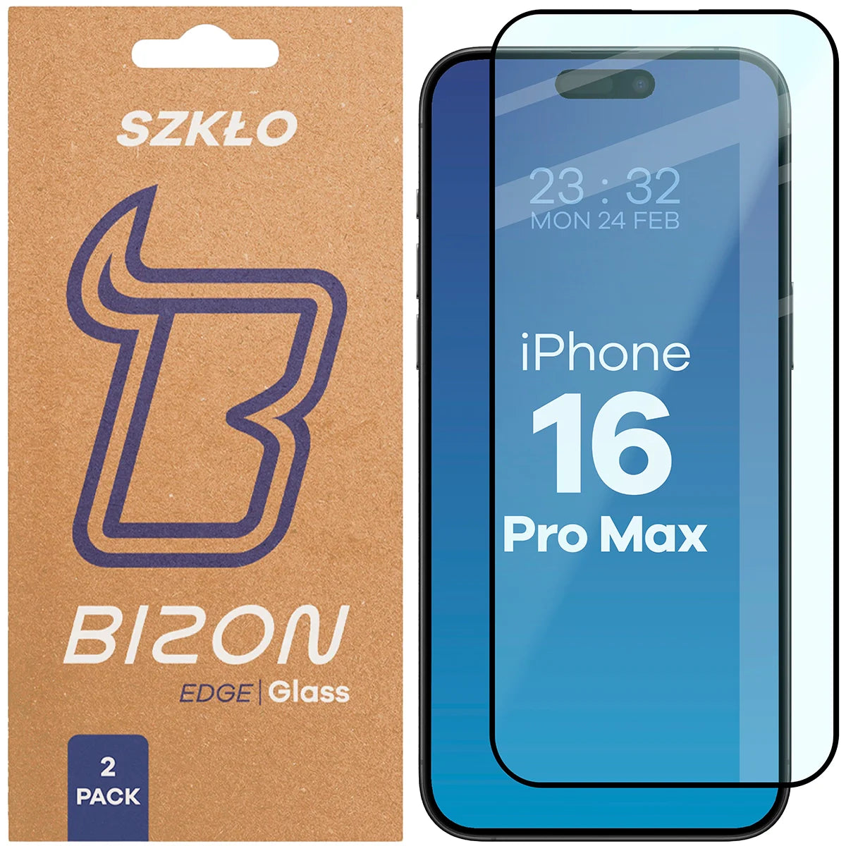 Gehärtetes Glas für iPhone 16 Pro Max, Bizon Glass Edge Duo, Schwarzer Rahmen, 2 Stück