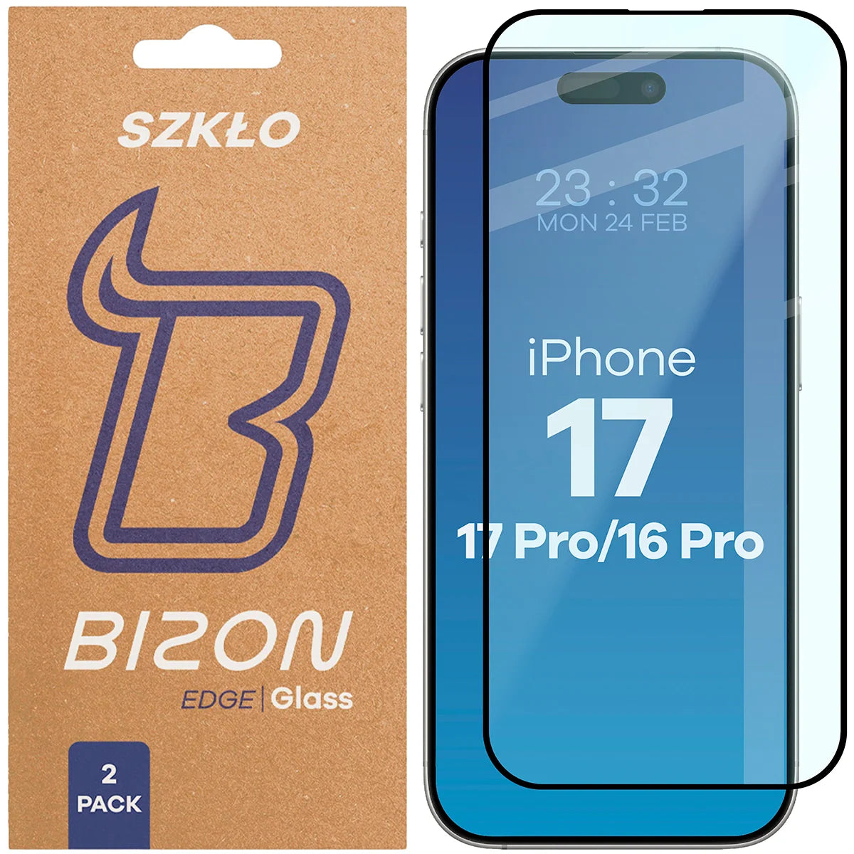 Gehärtetes Glas für iPhone 17 / 17 Pro / 16 Pro, Bizon Glass Edge Duo, Schwarzer Rahmen, 2 Stück