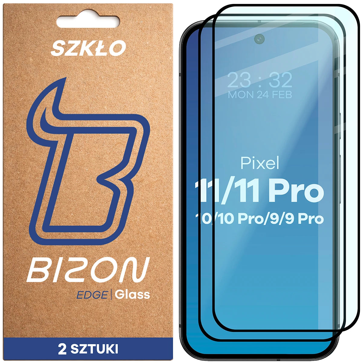 Gehärtetes Glas für Google Pixel 11 / 11 Pro / 10 / 10 Pro / 9 / 9 Pro, Bizon Glass Edge Duo, Schwarzer Rahmen, 2 Stück