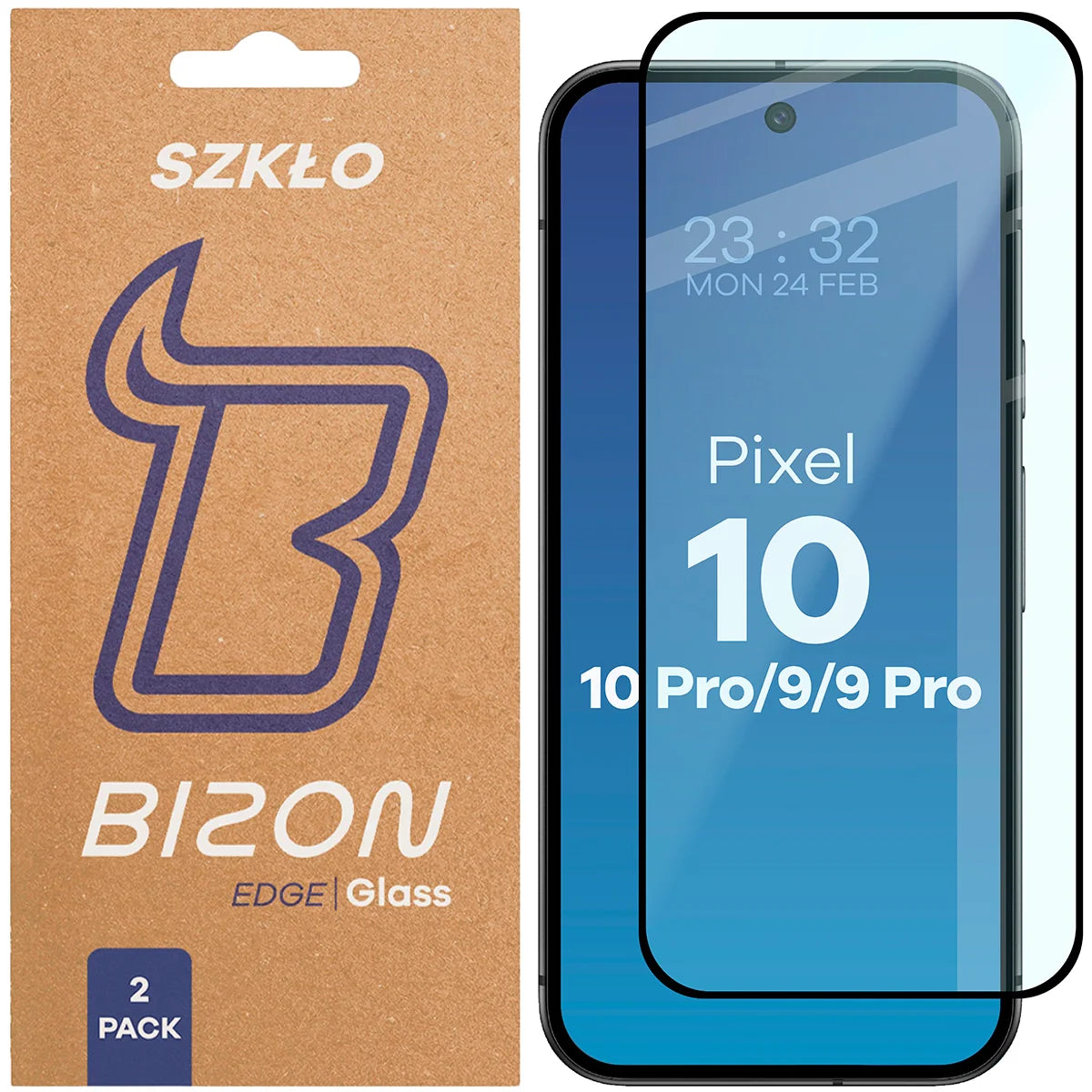 Gehärtetes Glas für Google Pixel 10 / 10 Pro / 9 / 9 Pro, Bizon Glass Edge Duo, Schwarzer Rahmen, 2 Stück