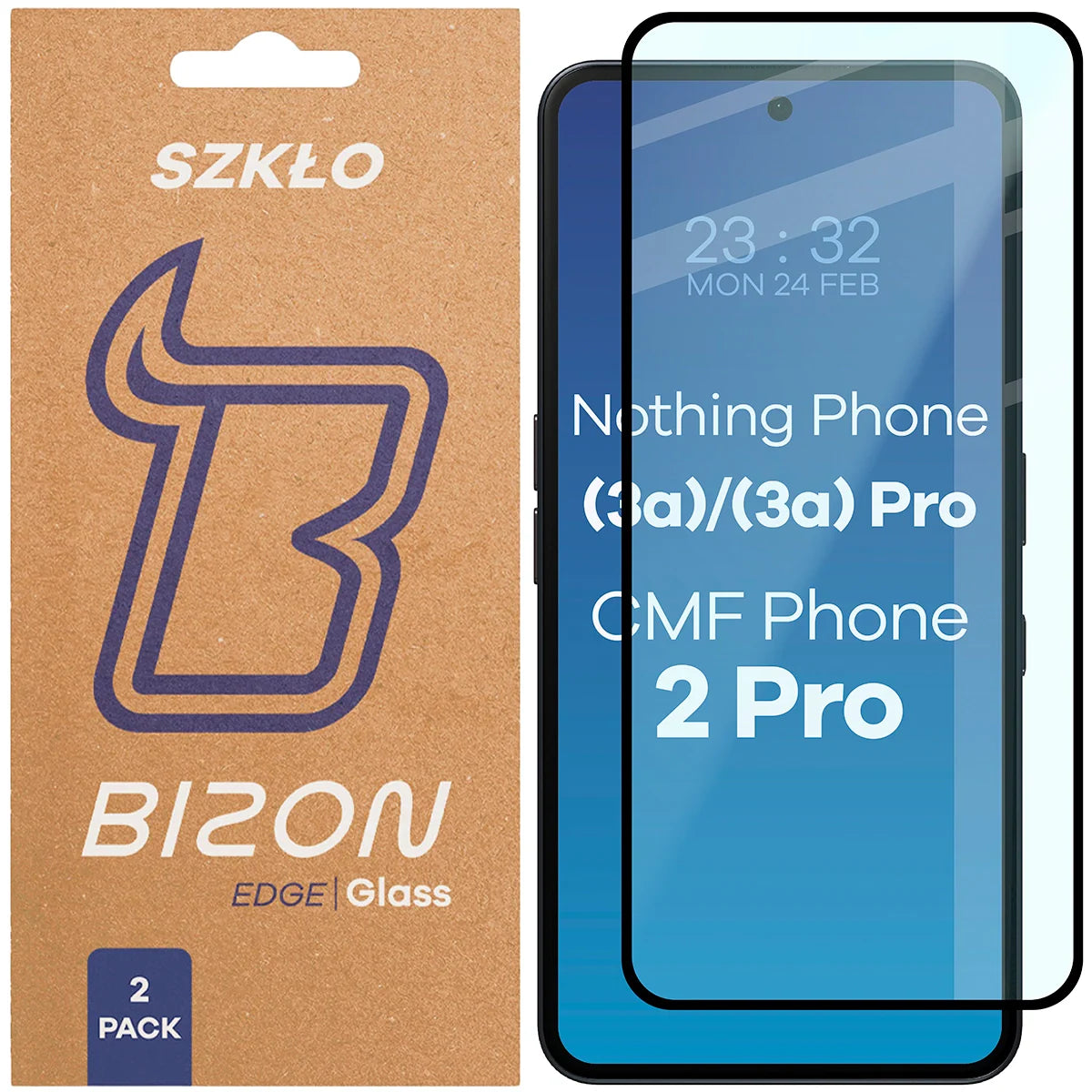 Gehärtetes Glas für Nothing Phone (3a) / (3a) Pro / CMF Phone 2 Pro, Bizon Glass Edge Duo, Schwarzer Rahmen, 2 Stück