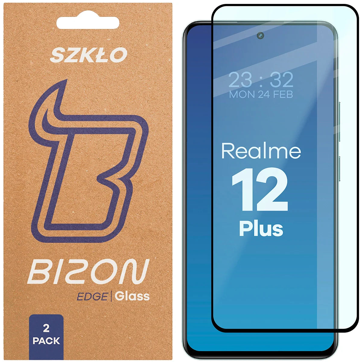Gehärtetes Glas für Realme 12 Plus, Bizon Glass Edge Duo, Schwarzer Rahmen, 2 Stück