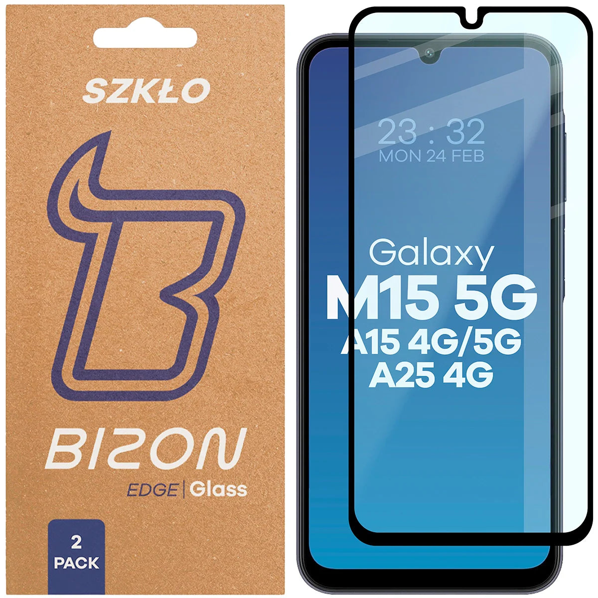 Gehärtetes Glas für Galaxy A15 4G/5G / A25 5G / M15 5G, Bizon Glass Edge Duo, Schwarzer Rahmen, 2 Stück