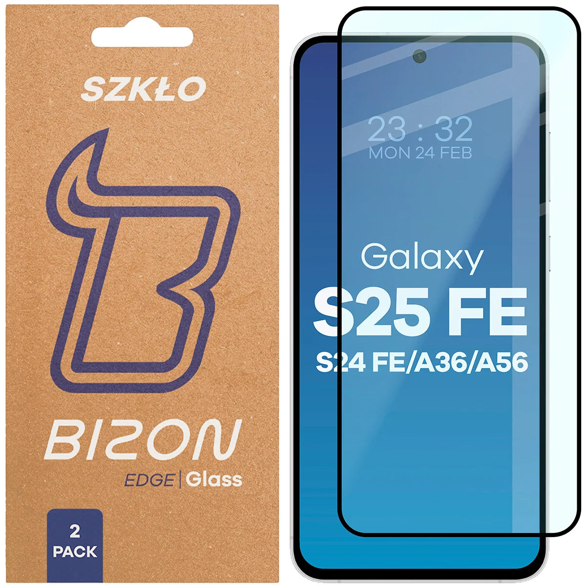 Gehärtetes Glas für Galaxy S25 FE / S24 FE / A36 5G / A56 5G, Bizon Glass Edge Duo, Schwarzer Rahmen, 2 Stück