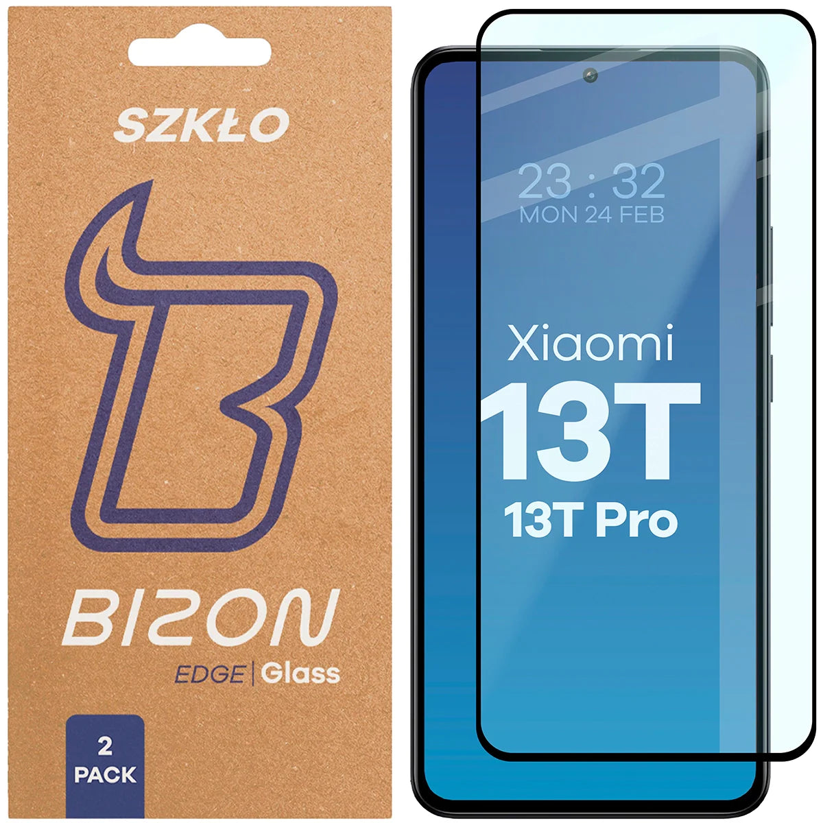 Gehärtetes Glas für Xiaomi 13T Pro / 13T, Bizon Glass Edge Duo, Schwarzer Rahmen, 2 Stück