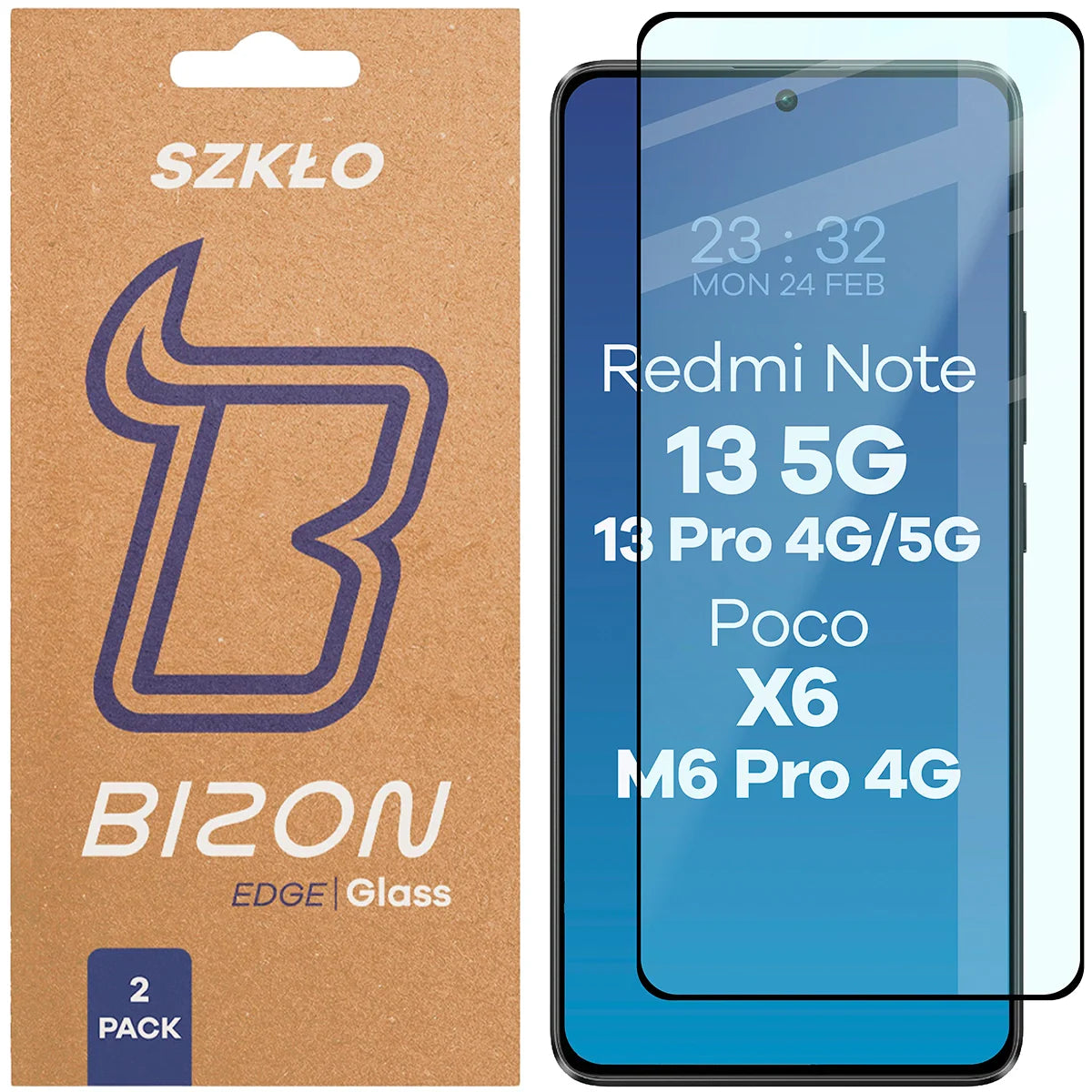 Gehärtetes Glas für Xiaomi POCO X6 / M6 Pro 4G / Redmi Note 13 5G / 13 Pro 4G/5G, Bizon Glass Edge Duo, Schwarzer Rahmen, 2 Stück