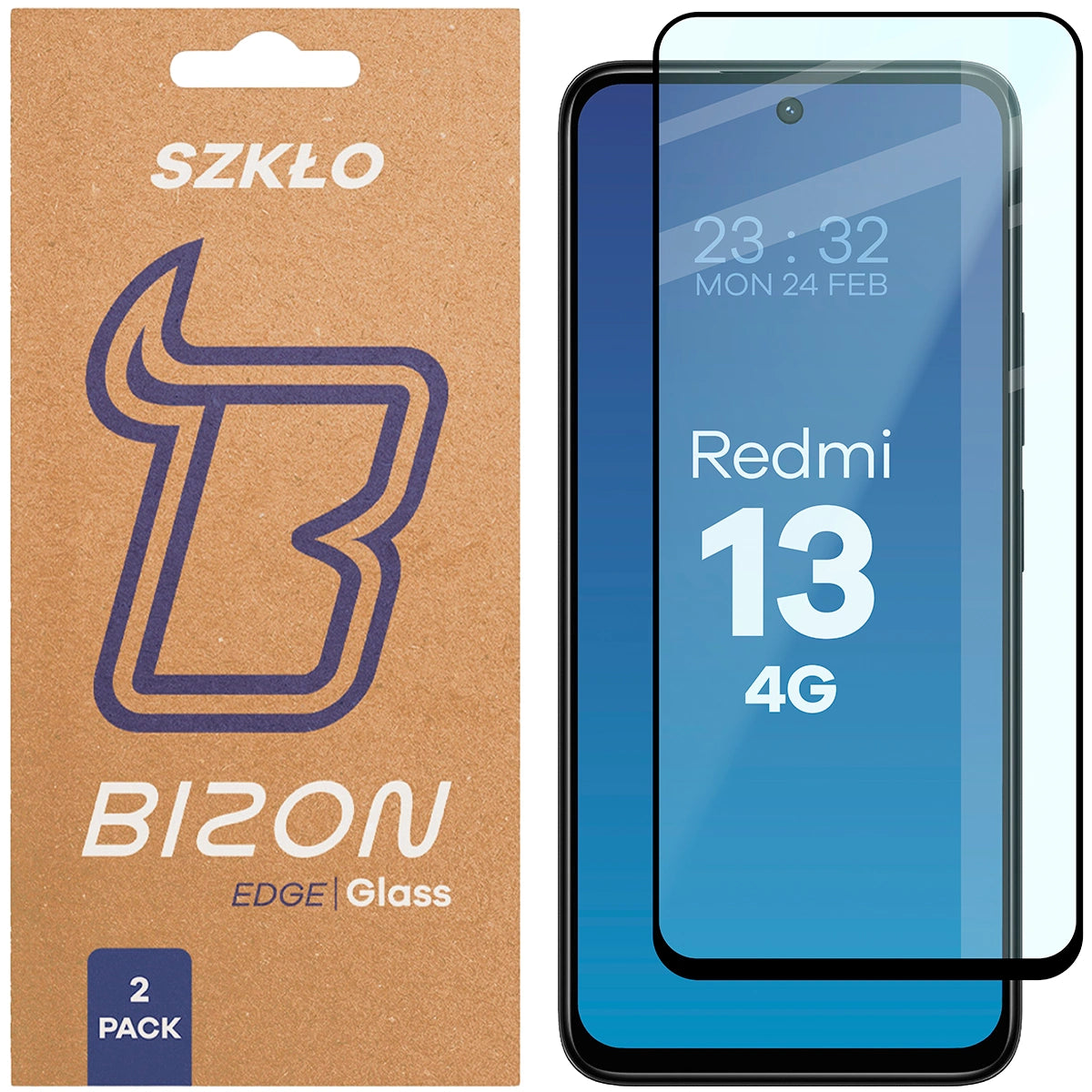 Gehärtetes Glas für Xiaomi Redmi 13 4G, Bizon Glass Edge Duo, Schwarzer Rahmen, 2 Stück