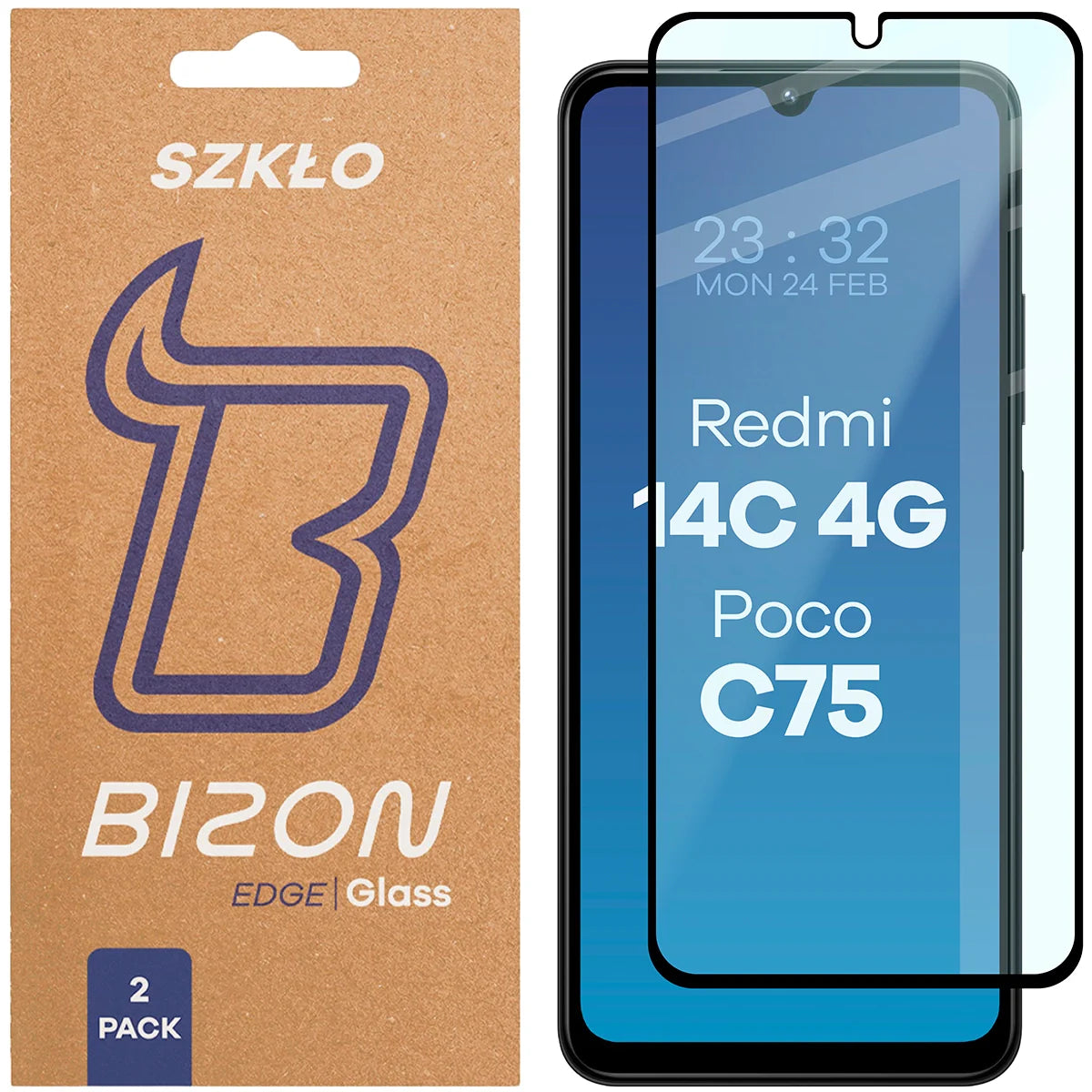 Gehärtetes Glas für Xiaomi Redmi 14C 4G / POCO C75, Bizon Glass Edge Duo, Schwarzer Rahmen, 2 Stück