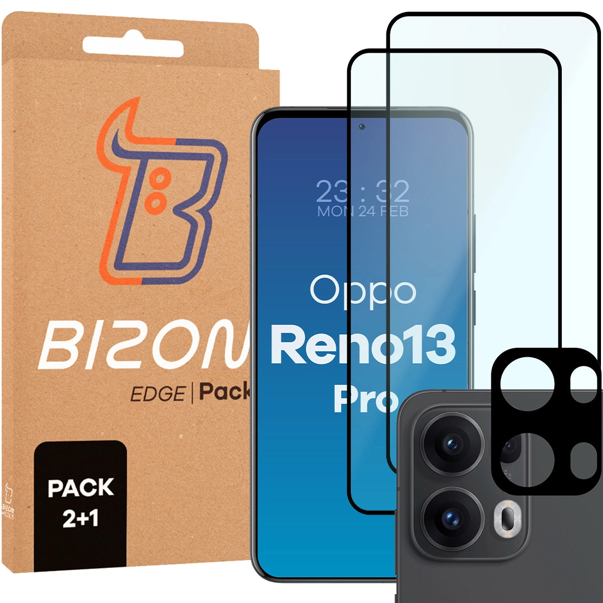 Gehärtetes Glas - 2 Stück + Kameraschutz für Oppo Reno13 Pro, Bizon Glass Edge 3D Pack, Schwarz