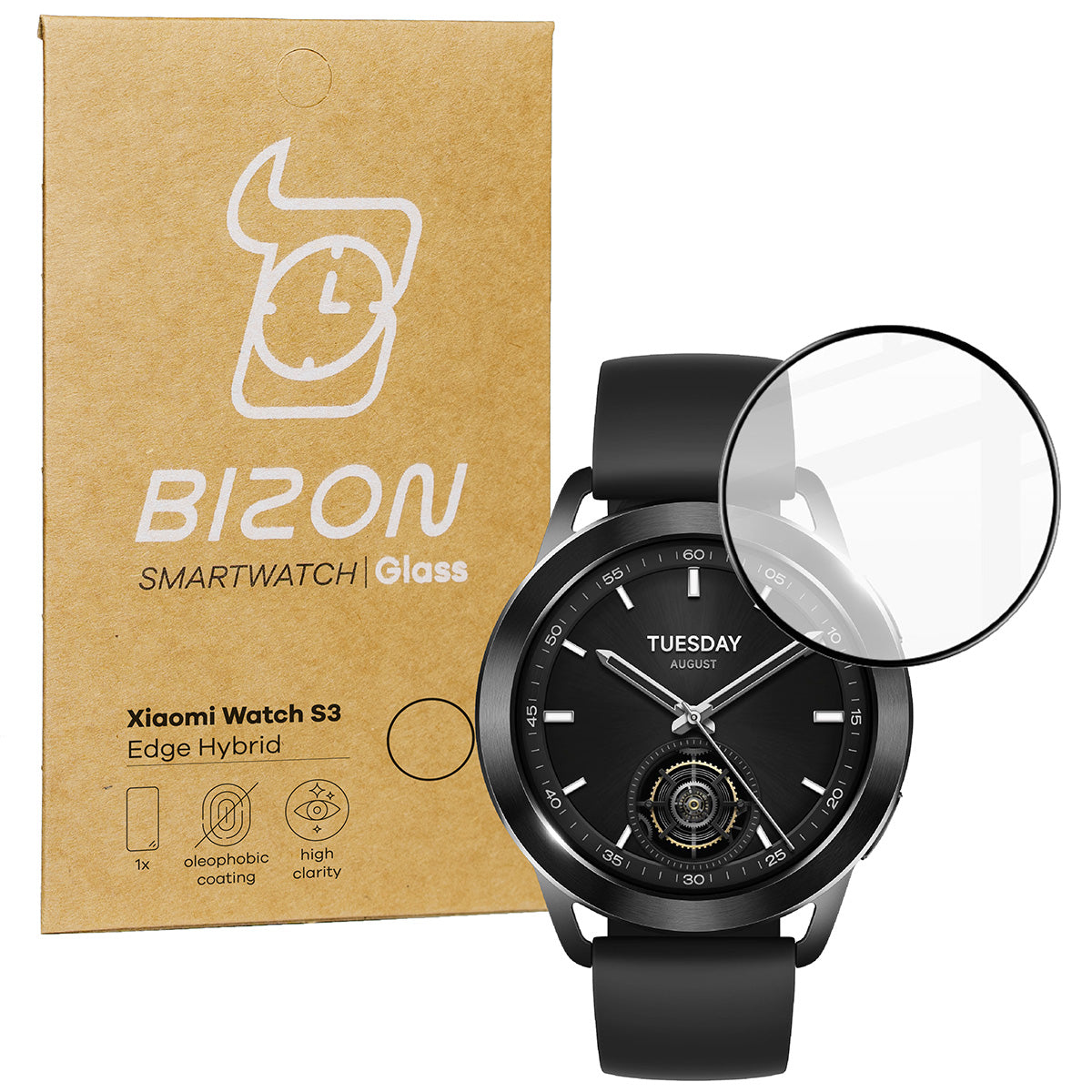 Hybrides Glas für Xiaomi Watch S3 47 mm, Bizon Glass Watch Edge Hybrid, Schwarz