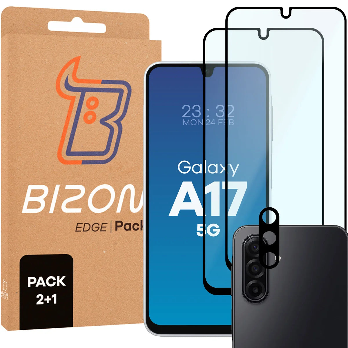 Gehärtetes Glas - 2 Stück + Kameraschutz für Galaxy A17 5G, Bizon Glass Edge Pack, Schwarz