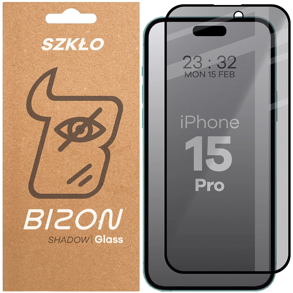 Gehärtetes Glas mit Privatschutzfilter für iPhone 15 Pro, Bizon Glass Edge Shadow, getönt mit schwarzer Rahmen