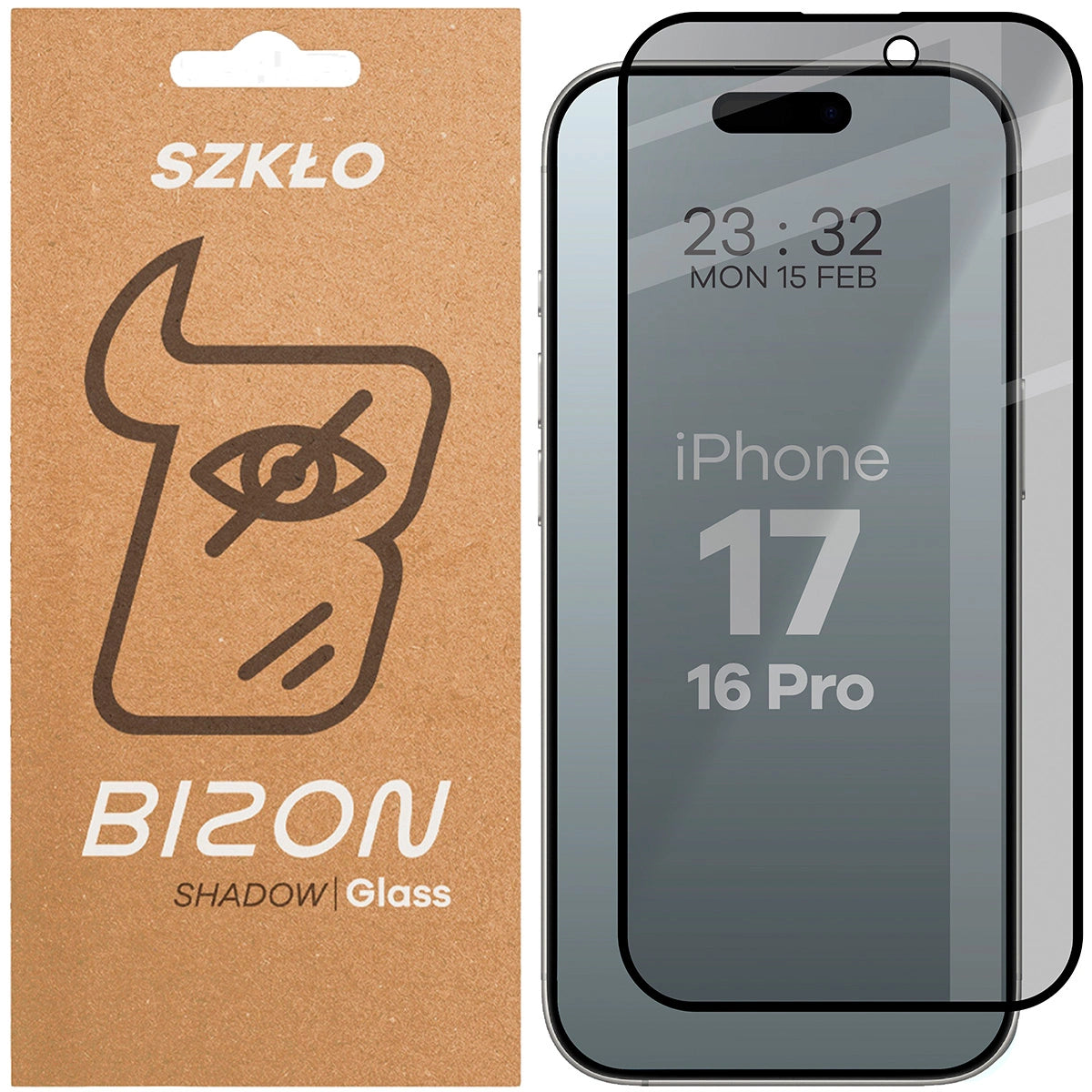 Gehärtetes Glas mit Privatschutzfilter für iPhone 17 / 16 Pro, Bizon Glass Edge Shadow, getönt mit schwarzer Rahmen