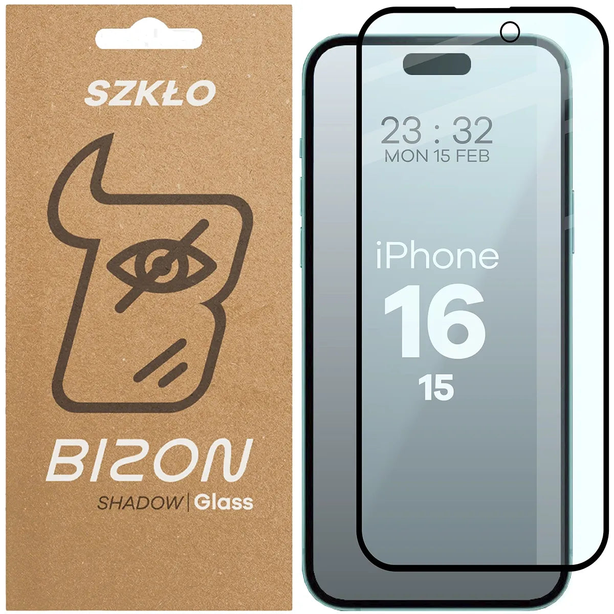 Gehärtetes Glas mit Privatschutzfilter für iPhone 16/15, Bizon Glass Edge Shadow, getönt mit schwarzer Rahmen