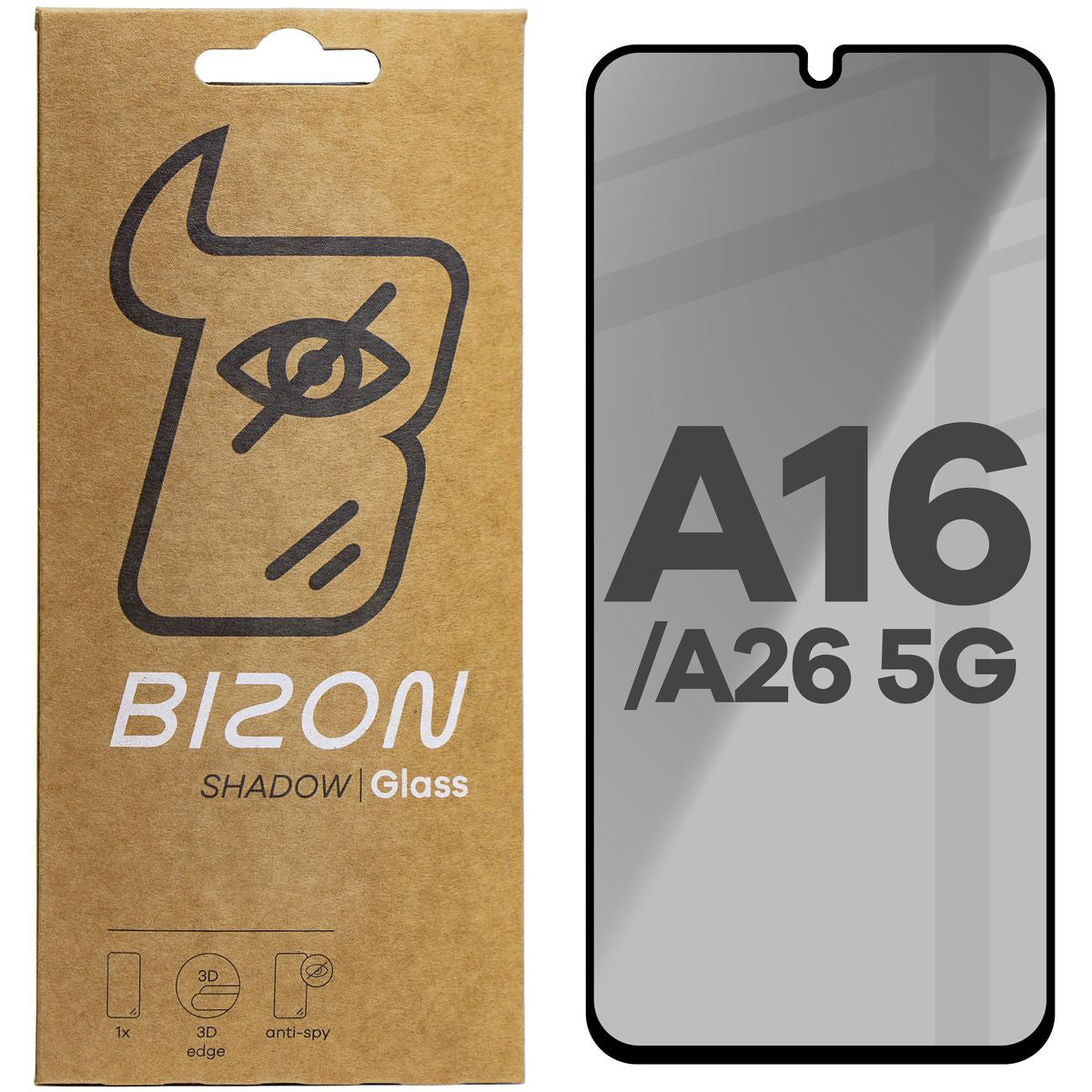 Gehärtetes Glas mit Privatschutzfilter für Galaxy A26 5G/A16 4G/5G, Bizon Glass Edge Shadow, getönt mit schwarzer Rahmen