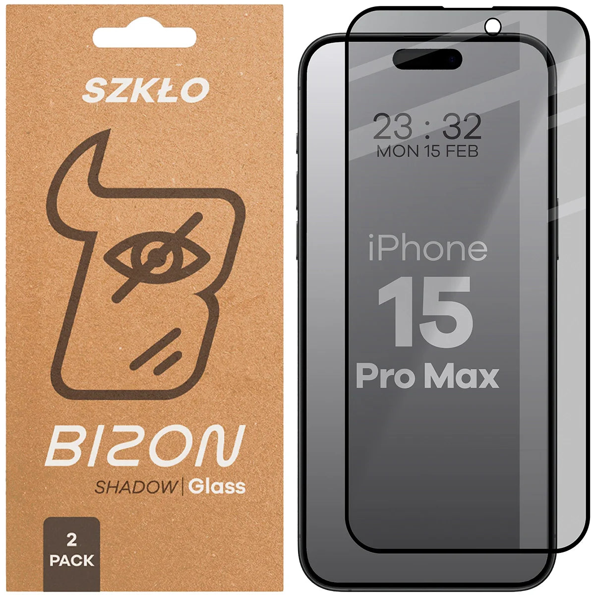 Gehärtetes Glas mit Privatschutzfilter für iPhone 15 Pro Max, Bizon Glass Edge Shadow Duo, getönt mit schwarzer Rahmen, 2 Stück