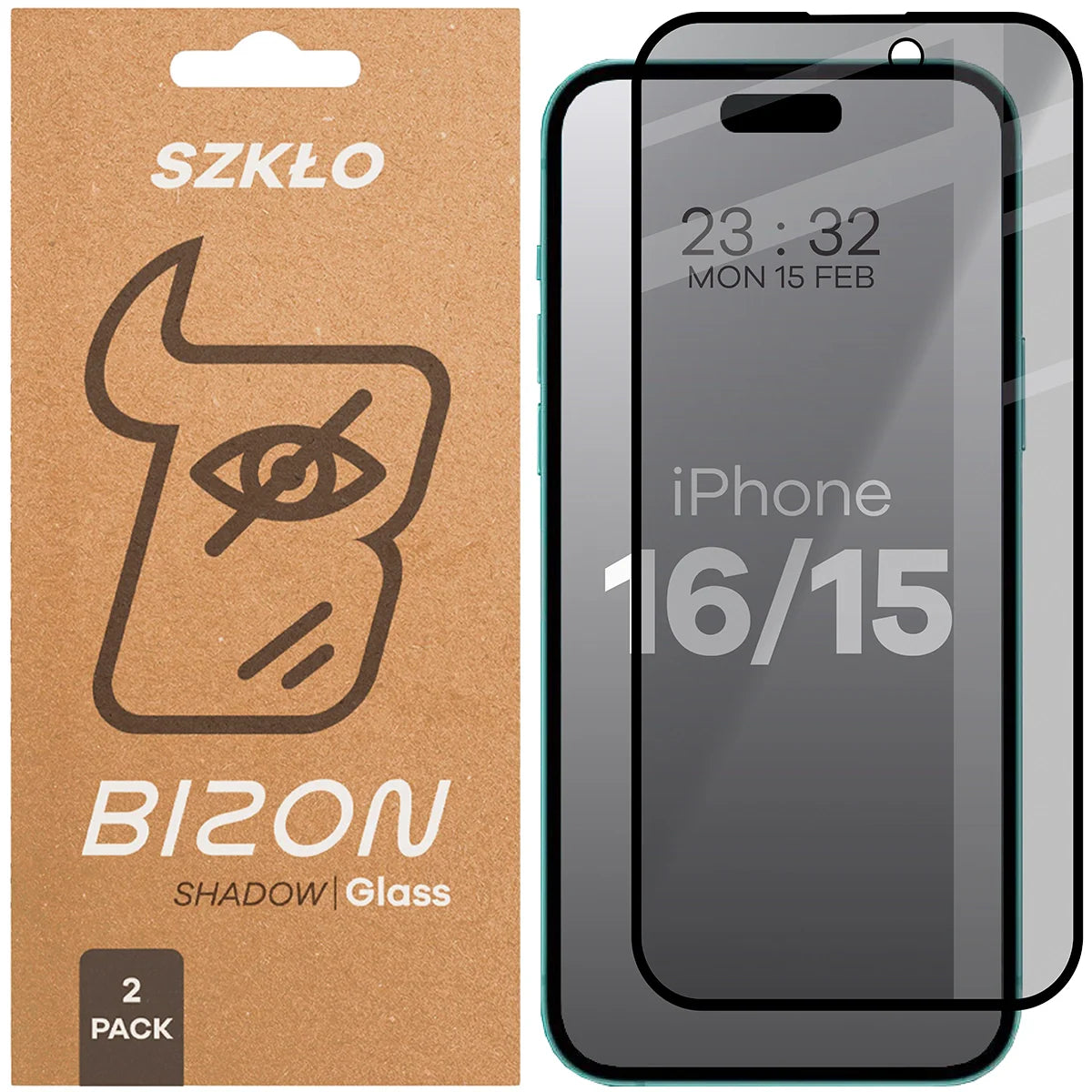 Gehärtetes Glas mit Privatschutzfilter für iPhone 15 / 16, Bizon Glass Edge Shadow Duo, getönt mit schwarzer Rahmen, 2 Stück