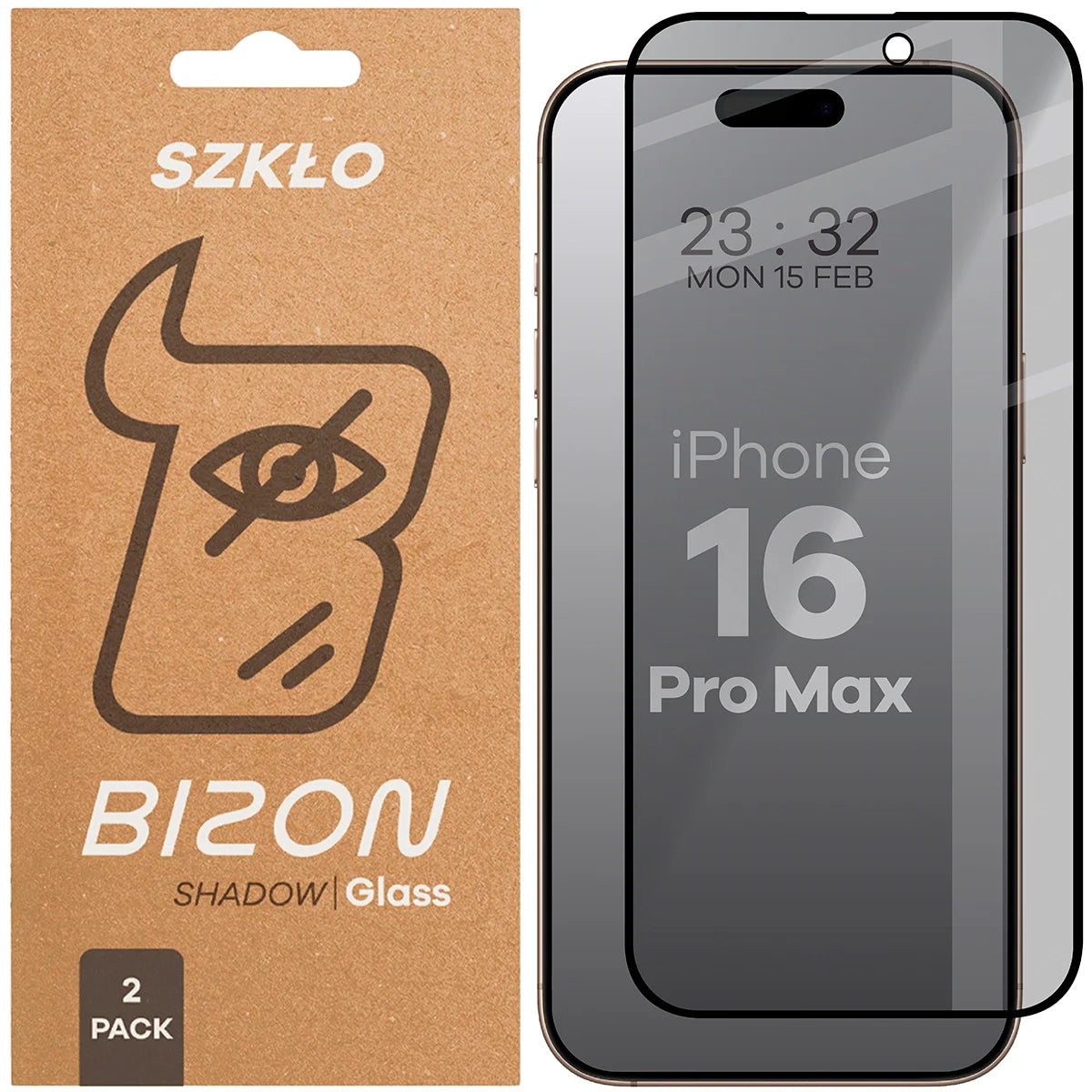 Gehärtetes Glas mit Privatschutzfilter für iPhone 16 Pro Max, Bizon Glass Edge Shadow Duo, getönt mit schwarzer Rahmen, 2 Stück