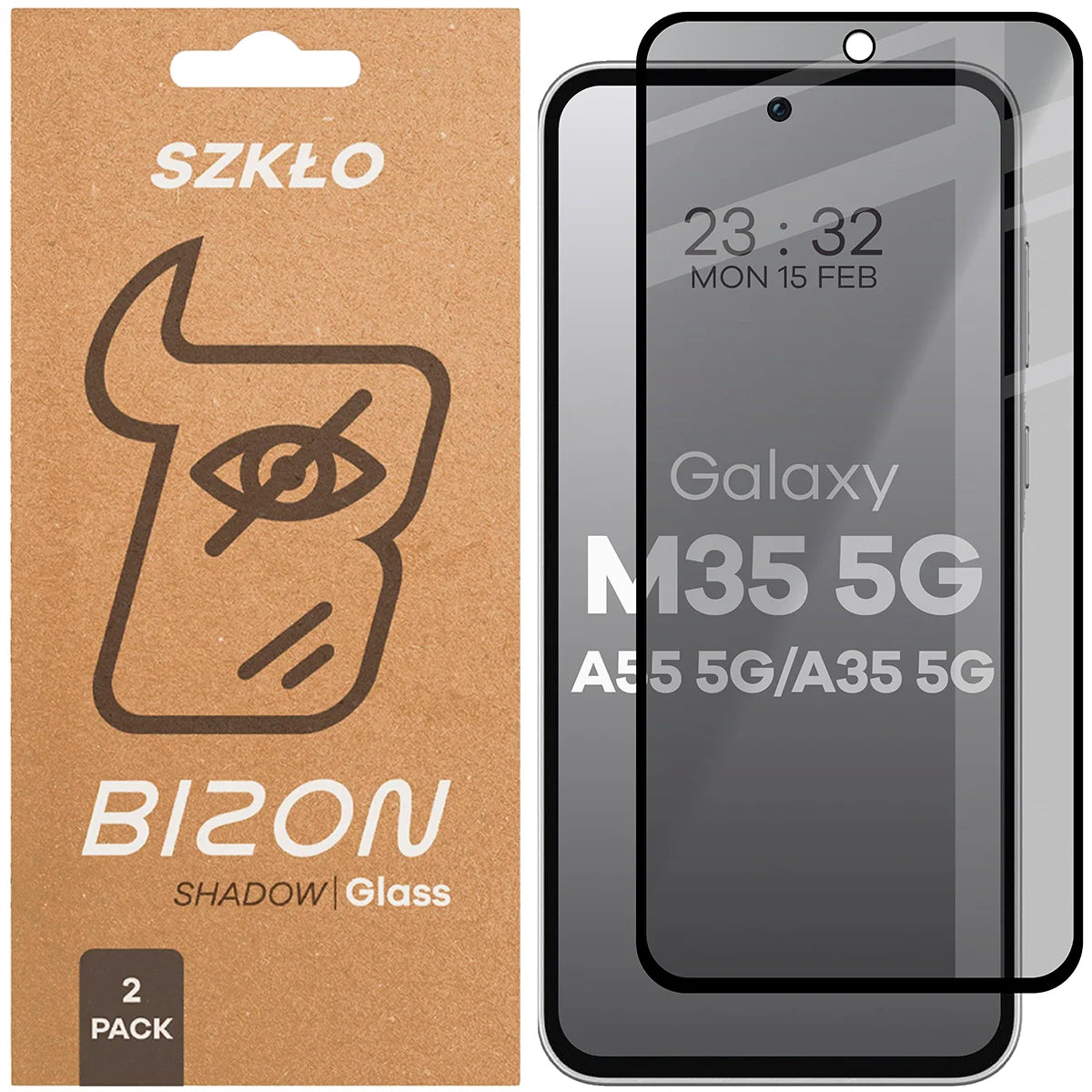 Gehärtetes Glas mit Privatschutzfilter für Galaxy M35 5G / A35 5G / A55 5G, Bizon Glass Edge Shadow Duo, getönt mit schwarzer Rahmen, 2 Stück