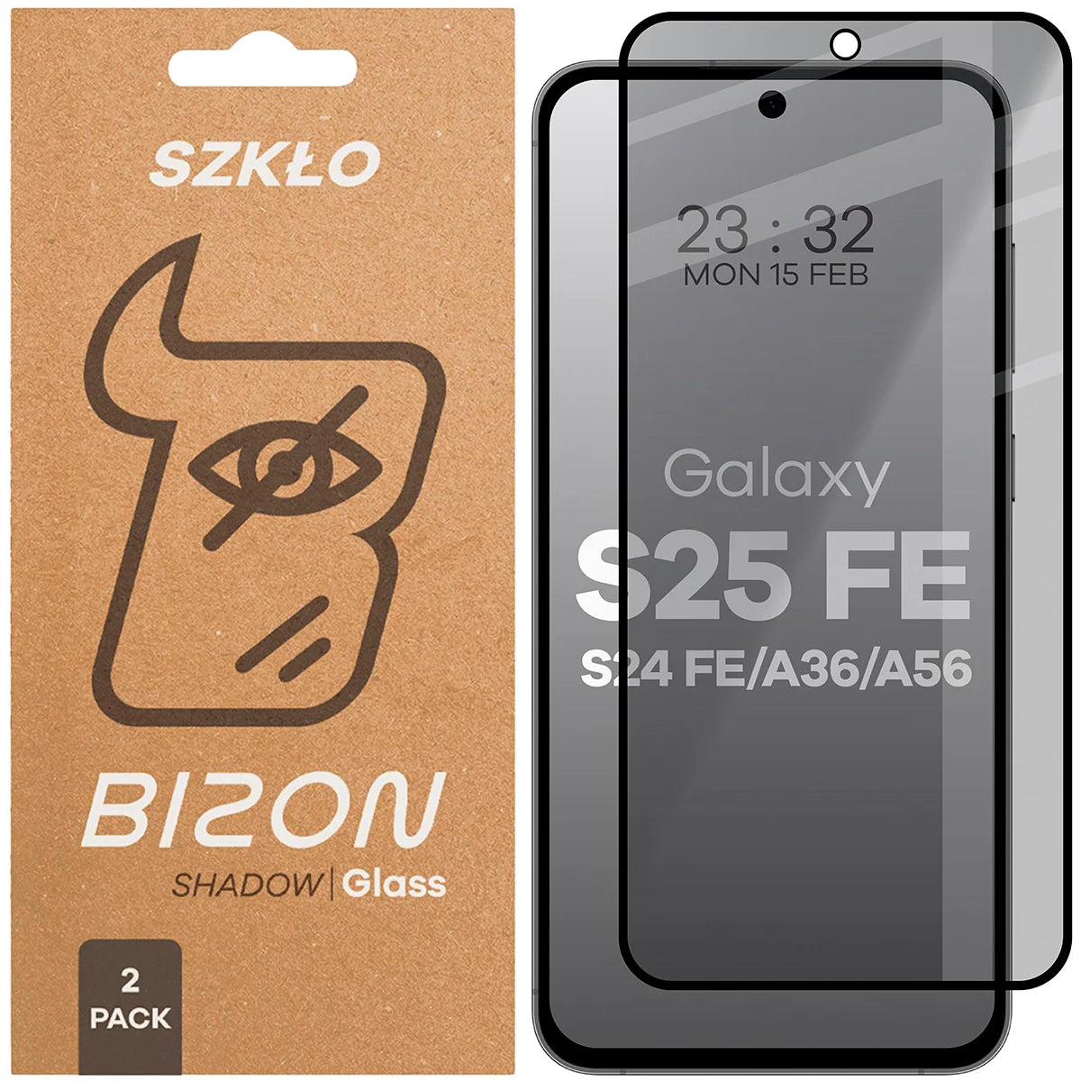 Gehärtetes Glas mit Privatschutzfilter für Galaxy S25 FE / S24 FE / A36 5G / A56 5G, Bizon Glass Edge Shadow Duo, getönt mit schwarzer Rahmen, 2 Stück