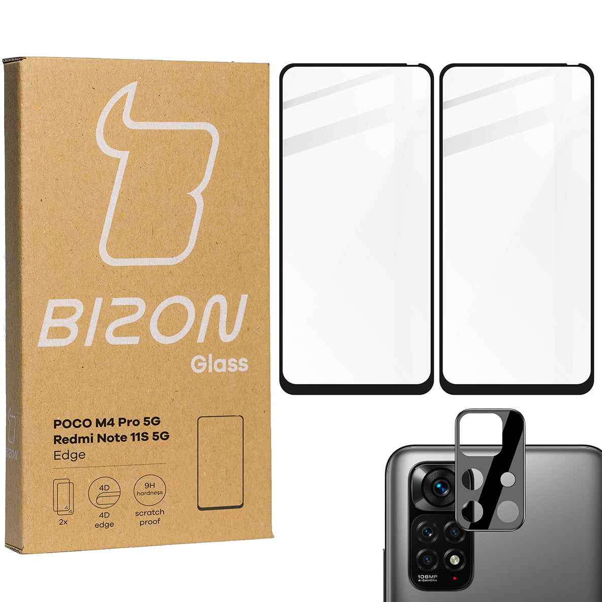 Gehärtetes Glas Bizon Glass Edge - 2 Stück + Kameraschutz für Poco M4 Pro 5G / Redmi Note 11S 5G, Schwarz
