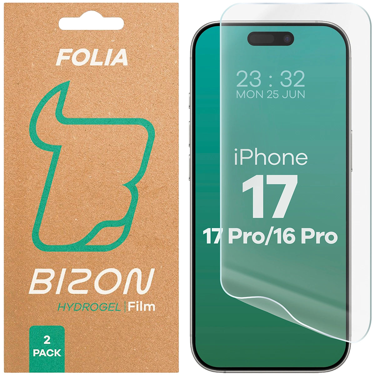 Hydrogel Folie für den Bildschirm für iPhone 17 / 17 Pro / 16 Pro, Bizon Glass Hydrogel Front Duo, 2 Stück
