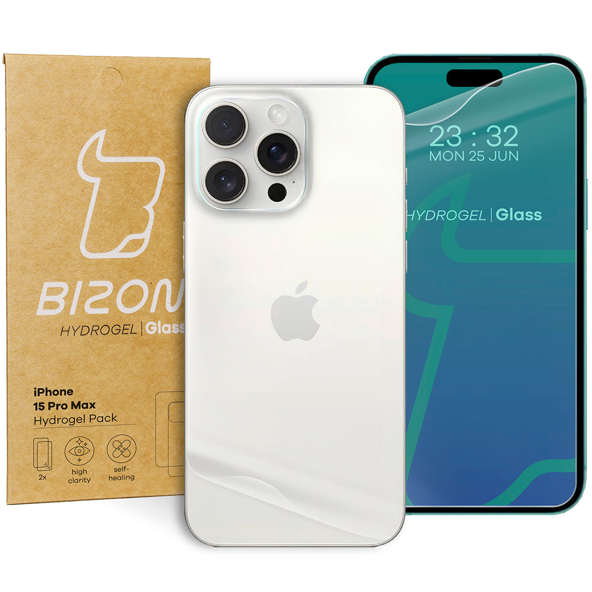 Hydrogel Folie für Display und Rückseite Bizon Film Hydrogel Pack, iPhone 15 Pro Max, 2 Stück