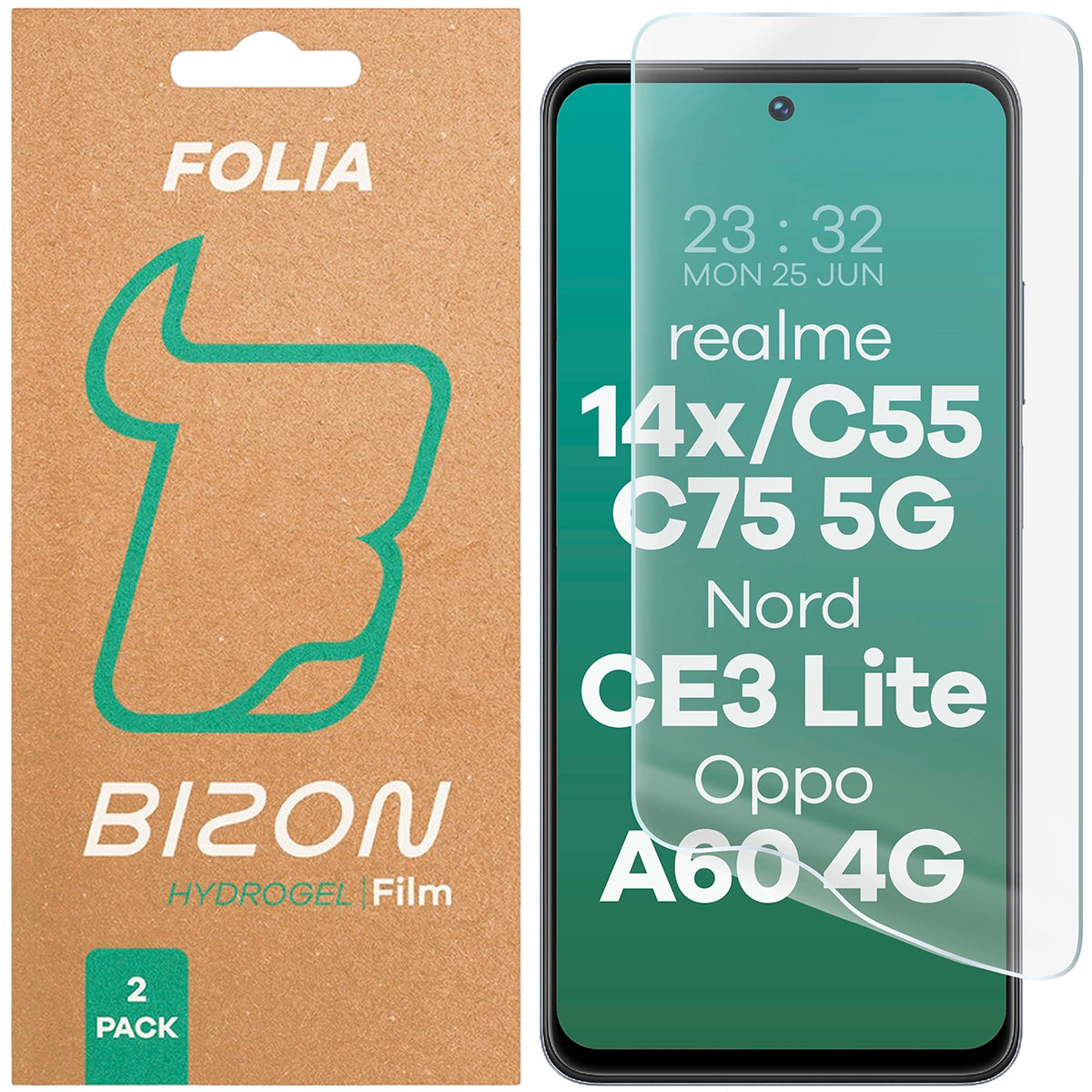 Hydrogel Folie für den Bildschirm Bizon Glass Hydrogel Front Duo für  Realme 14x 5G / C55 / C75 / OnePlus Nord CE 3 Lite / Oppo A60 4G, 2 Stück
