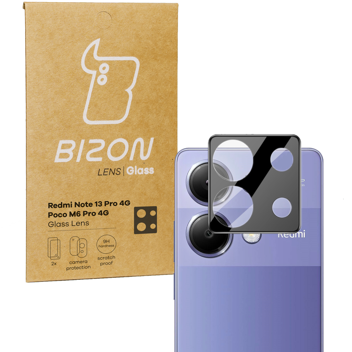 Gehärtetes Glas für die Kamera für Xiaomi Redmi Note 13 Pro 4G / Poco M6 Pro 4G, Bizon Glass Silk Lens, 2 Stück