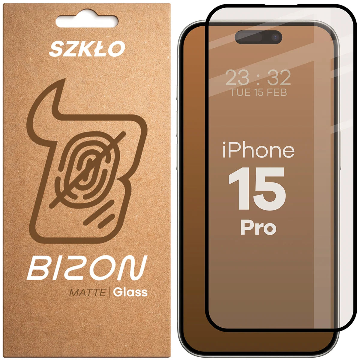 Mattes Hartglas für iPhone 15 Pro, Bizon Glass Matte, Schwarzer Rahmen
