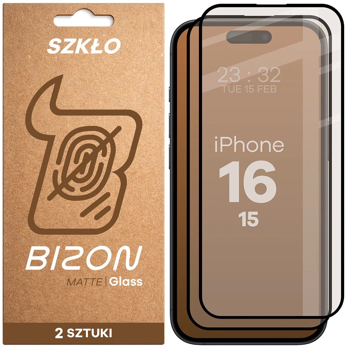 Mattes Hartglas für iPhone 15 / 16, Bizon Glass Matte Duo, Schwarzer Rahmen, 2 Stück