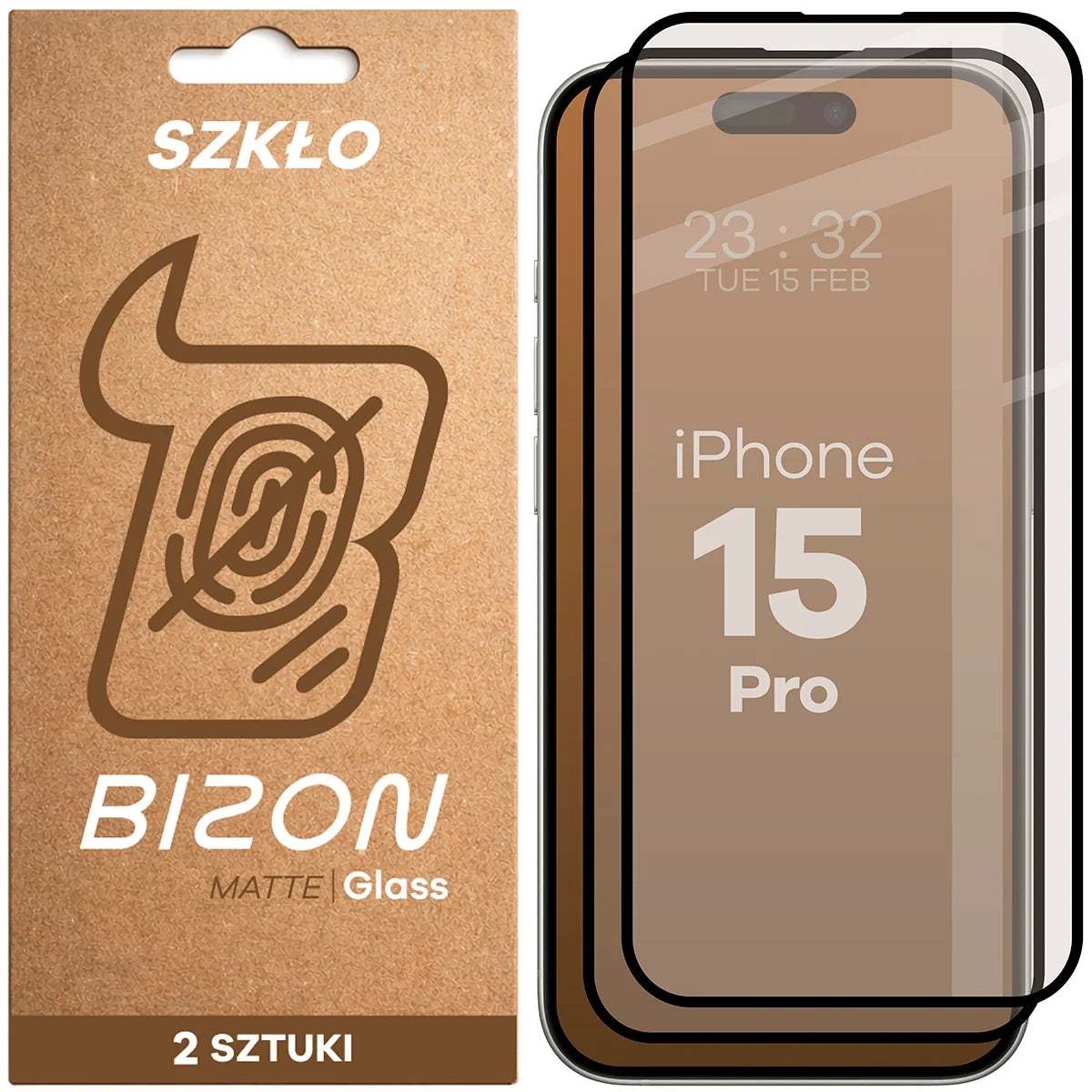 Mattes Hartglas für iPhone 15 Pro, Bizon Glass Matte Duo, Schwarzer Rahmen, 2 Stück