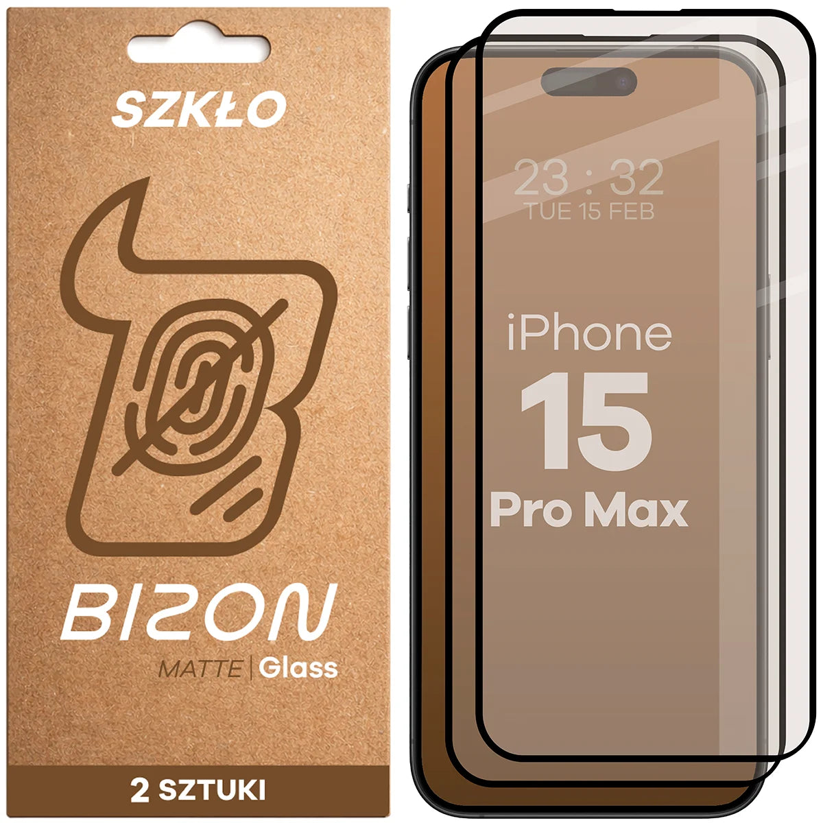 Mattes Hartglas für iPhone 15 Pro Max, Bizon Glass Matte Duo, Schwarzer Rahmen, 2 Stück