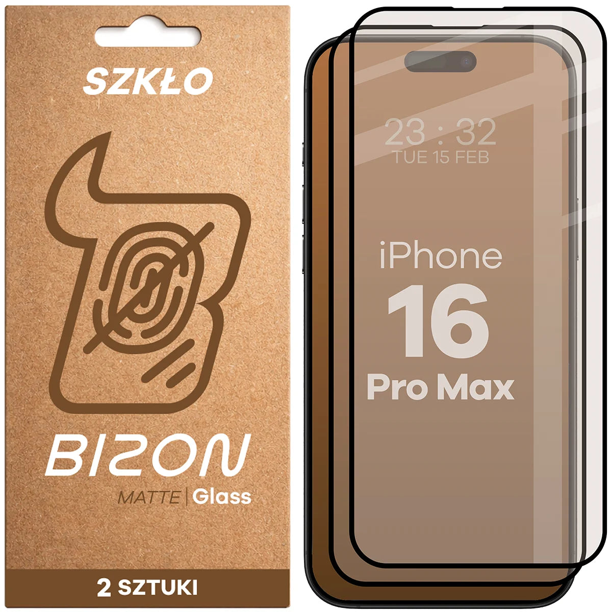 Mattes Hartglas für iPhone 16 Pro Max, Bizon Glass Matte Duo, Schwarzer Rahmen, 2 Stück